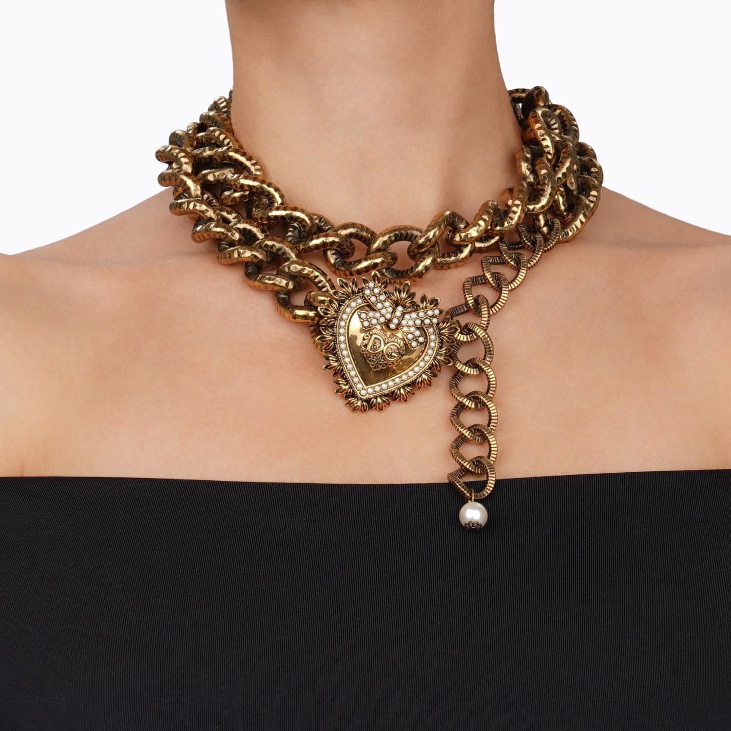 DOLCE & GABBANA DEVOTION DG Logo Pearl Heart Pendant Metal Chain